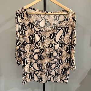 Nicole Miller Black and Cream Snake Print Scoop Neck Top